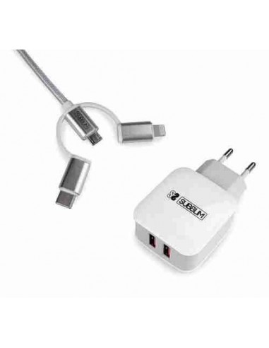 Cargador USB de viaje pared 2 x USB  2 4A    Cable 3en1