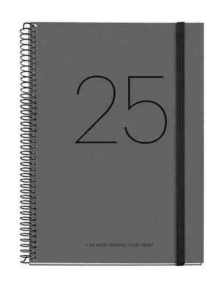 Agenda D  a P  gina Espiral reciclada cart  n Plus con goma Recycled 155 x 213 negro 2025