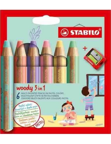 Lapiceros de colores pastel Woody 3 en 1   6 uds   sacapuntas